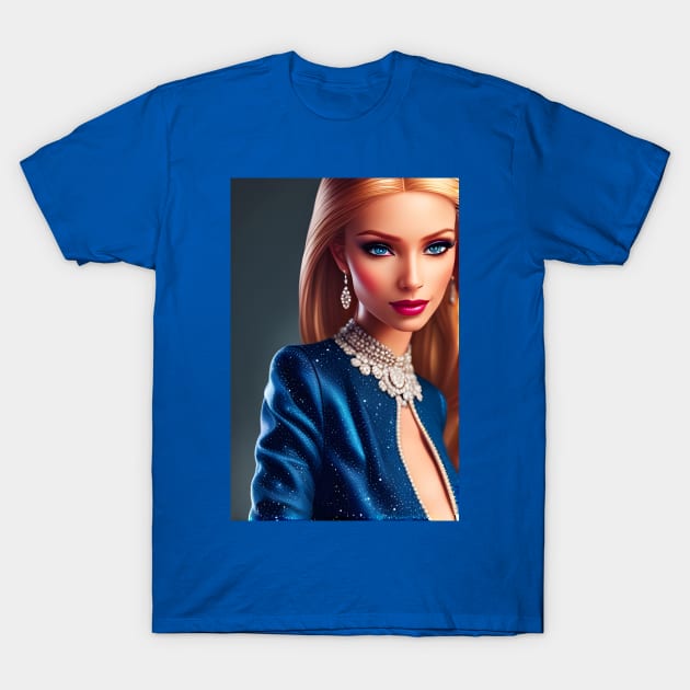 Beautiful Blonde Fashion Doll in Blue Dress - AI Art Portrait T-Shirt by Christine aka stine1